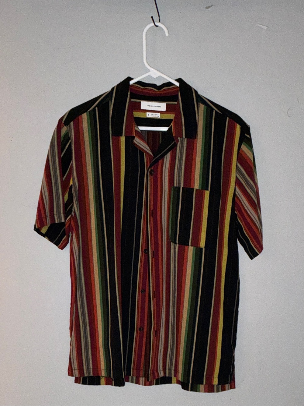 Urban Outfitters Striped Button-Up Shirt in Black, Red, Green, Yellow